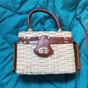 Vintage 1960s Wicker Box Purse Hong Kong | Leather Trim Top Handle Basket Bag